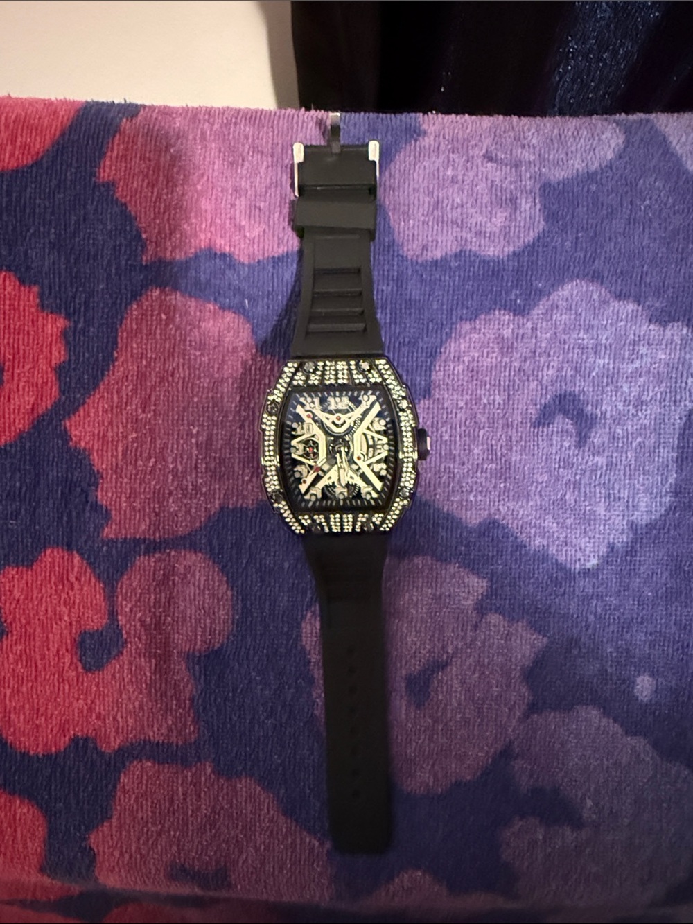 Men's Black Silicone Strap Watch with Crystal-Trim Skeleton Dial
